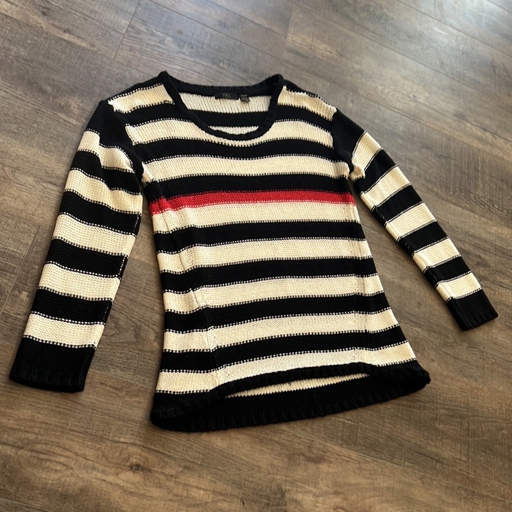 RDI size medium black & white striped knit sweater with red detail. EUC